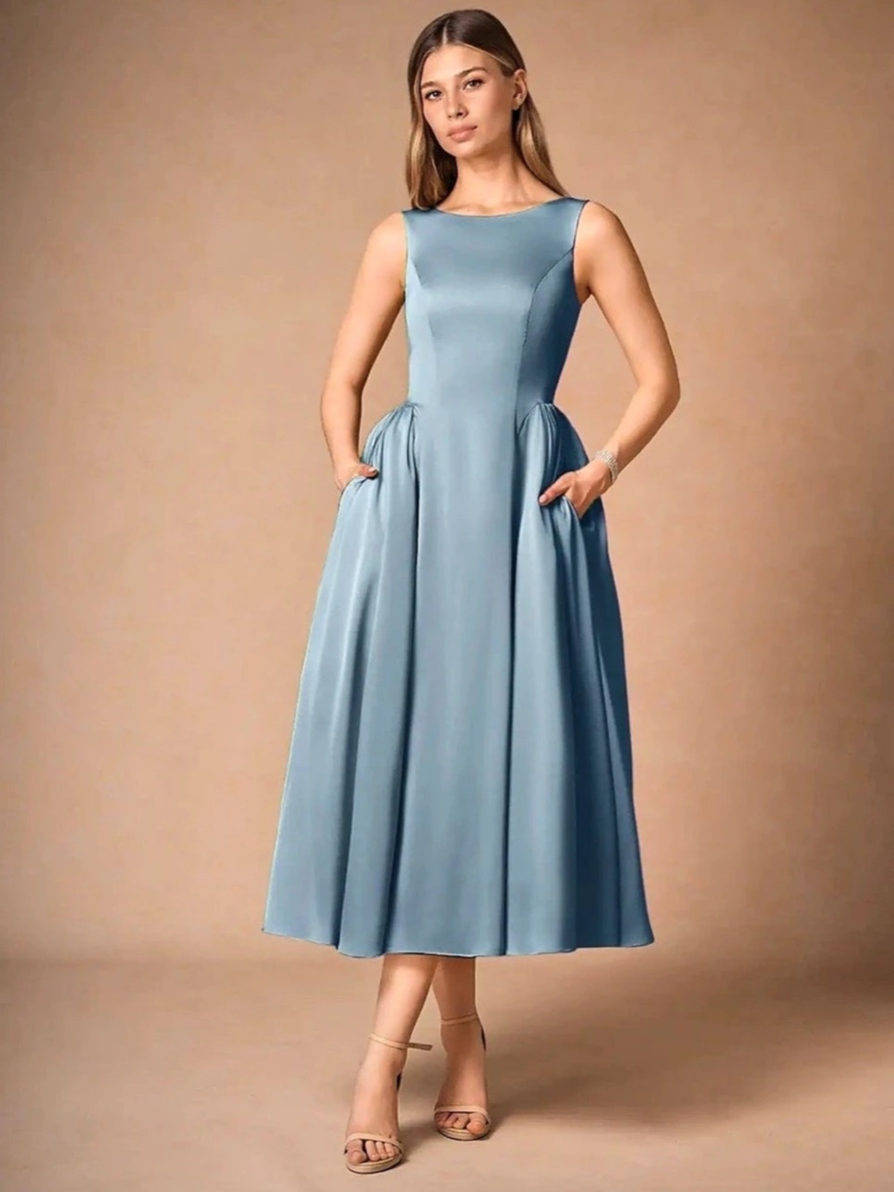Azazie Eden Midi Satin Dress in Blue Size Medium NWT